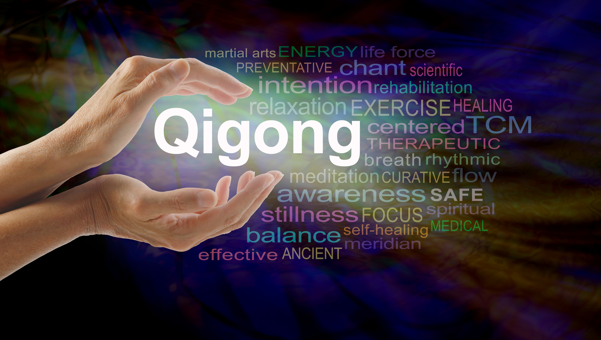 Qigong word cloud and healing hands